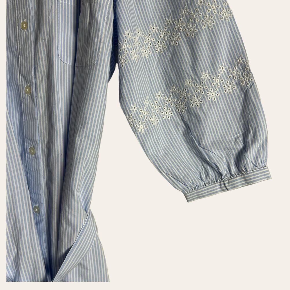 LOFT Blue Stripe Embroidered Eyelet Cotton Mini Shirtdress Size Large - Picture 8 of 15